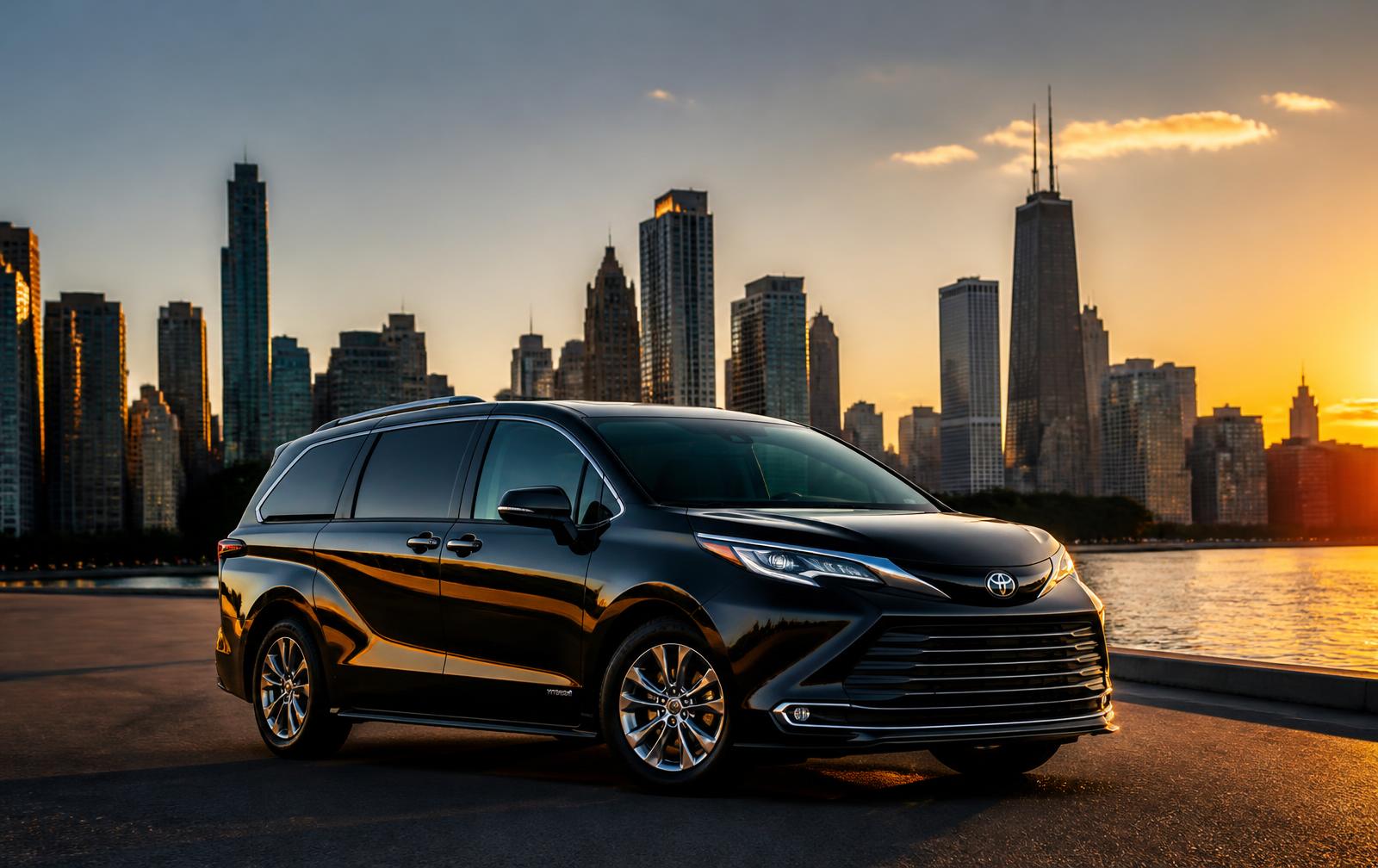 Black passenger van with the Chicago skyline at sunset